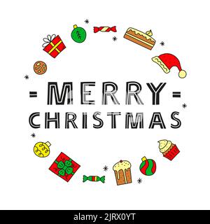 Cute colored doodle Christmas and New Year icons including presents, champagne, snowflakes, candies, panettone, candles, cake, cookie, lollipop, cupca Stock Vector