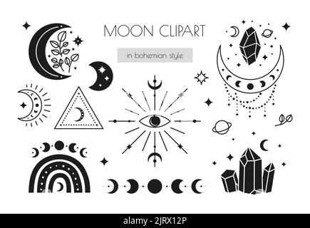 Set of hand drawn black celestial, bohemian icons third eye, moon phases, crescents, stars, rainbow, crystals isolated on white background. Moon child Stock Vector