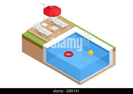 Isometric Swimming pool with stair and sun loungers. home swimming pool in garden and terrace. Summer Vacation Concept. Stock Vector