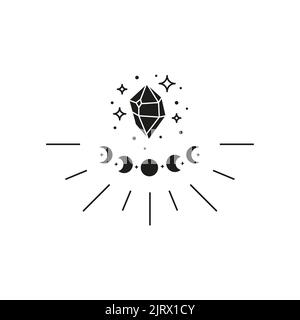 Celestial crystal with moon phases, starburst and stars isolated on white background. Witchy gem. Alchemy esoteric magic talisman. Mystical symbol. Stock Vector