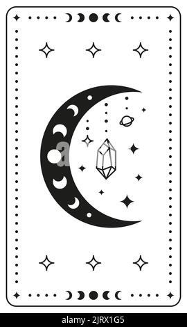 Black magic occult tarot card with boho symbols crescent, moon phases, planet, stars and crystal isolated on white background. Astrology spiritual pos Stock Vector