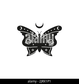 Hand drawn black celestial butterfly with stars, planets and crescent moon isolated on white background. Witchy magic talisman. Mystical illustration. Stock Vector