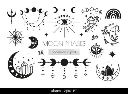 Set of hand drawn black celestial, bohemian icons moon phases, crescents, stars, rainbow, crystals isolated on white background. Moon child illustrati Stock Vector