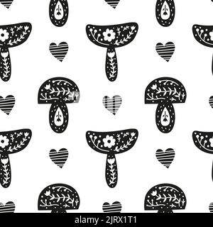 Black, white seamless pattern with doodle mushrooms, hearts and Nordic ornaments in Scandinavian minimalist style. Stock Vector