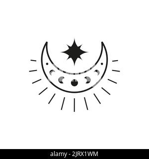 Bohemian outline crescent with moon phases, starburst and star isolated on white background. Witchy luna. Alchemy esoteric magic talisman. Mystical bo Stock Vector