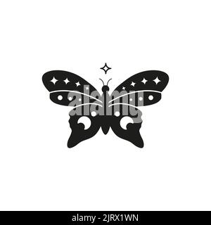 Hand drawn black celestial butterfly with stars and crescent moon isolated on white background. Witchy magic talisman. Mystical illustration. Stock Vector