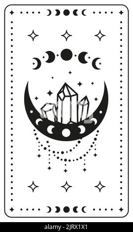 Black magic occult tarot card with boho symbols crescent, moon phases, stars, jewelry and crystals isolated on white background. Astrology spiritual p Stock Vector