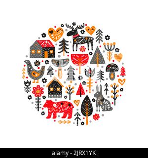 Composition with doodle animals, trees, houses, flowers, mushrooms and Nordic ornaments in Scandinavian folk art style on white background. Stock Vector