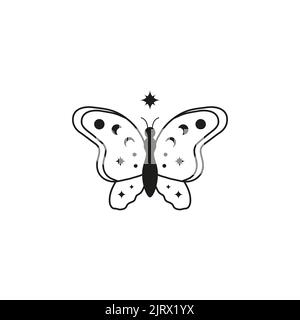 Hand drawn outline celestial butterfly with stars and crescent moon isolated on white background. Witchy magic talisman. Mystical illustration. Stock Vector