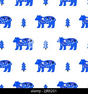 White seamless pattern with doodle bears, fir trees and Nordic ornaments in Scandinavian folk art style. Stock Vector