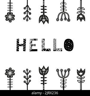 Doodle poster with lettering and flowers in Scandinavian folk art style isolated on white background. Perfect for posters, cards, banners, textile pri Stock Vector