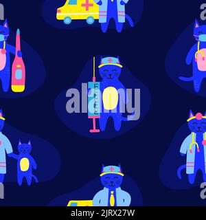 Blue seamless pattern with doodle doctor cats characters with medical stethoscope, thermometer, ambulance car. Stock Vector
