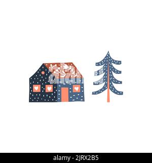 Doodle poster with house and pine tree in Scandinavian folk art style isolated on white background. Perfect for posters, cards, prints. Stock Vector