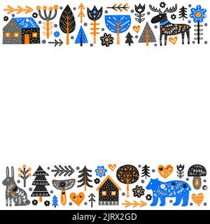 Poster with doodle animals, trees, houses, flowers, mushrooms and Nordic ornaments in Scandinavian folk art style on white background. Stock Vector