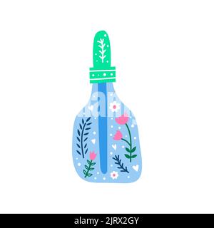 Colorful scandinavian doodle bottle with pipette, floral ornament, flowers, leaves, herbs isolated on white background. Perfect for posters, cards, ba Stock Vector