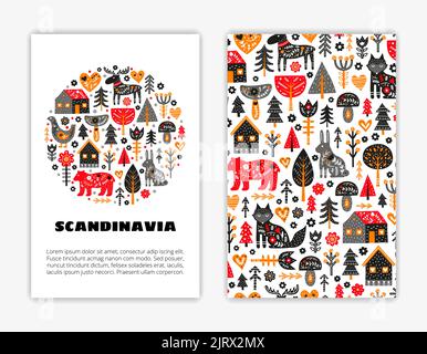 Card templates with doodle animals, trees, houses, flowers, mushrooms and Nordic ornaments in Scandinavian folk art style. Used clipping mask. Stock Vector