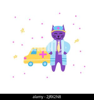 Cute doodle violet doctor cat character in medical bathrobe with ambulance car isolated on white background. Stock Vector