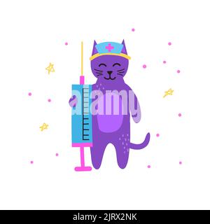 Cute doodle small violet doctor cat character with big syringe isolated on white background. Stock Vector