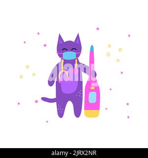 Cute doodle small violet doctor cat character with big thermometer isolated on white background. Stock Vector