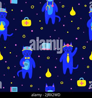 Blue seamless pattern with doodle doctor cats characters with medical stethoscope, enema, first aid kit isolated on white background. Suitable for chi Stock Vector