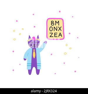 Cute doodle violet doctor occulist cat character in medical bathrobe with checkup table isolated on white background. Stock Vector