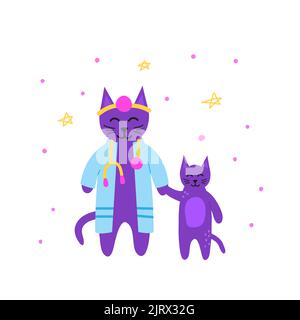 Cute doodle violet doctor cat in bathrobe with stethoscope and kitten isolated on white background. Stock Vector