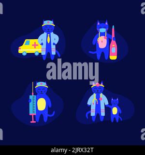 Set of cute doodle small doctor cats characters with big medical syringe, ambulance car, thermometer isolated on blue background. Suitable for childre Stock Vector