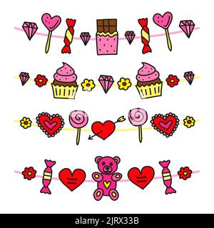 Set of cute girly colorful doodle garlands with food, flowers, diamonds, toys and sweets. Can be used for Valentine s day cards, posters, prints, bann Stock Vector