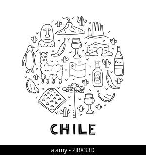 Doodle outline Chile icons including Easter island statue, Villarrica volcano, araucaria tree, empanadas, penguin, poncho, alpaca, avocado oil compose Stock Vector