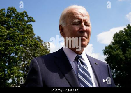 Washington DC, USA. 26th Aug, 2022. US President Joe Biden speaks to the members of the media on the South Lawn of the White House before boarding Marine One in Washington, D.C., US, on Friday, Aug. 26, 2022. Biden yesterday cast Republican congressional candidates as committed to 'destroying America' and said he had no respect for adherents of former President Donald Trump, as he kicked off his midterm campaign effort with a rally in suburban Maryland. Photo by Yuri Gripas/Pool/ABACAPRESS.COM Credit: Abaca Press/Alamy Live News Stock Photo