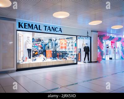 Istanbul, Turkey - Mar 23, 2022: Landscape Wide View of Kemal Tanca Storefront inside Historia AVM Mall. It is the Leading Local Shoe Brand in Turkey Stock Photo