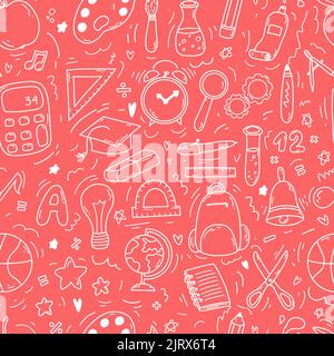 Hand drawn doodle seamless pattern with school icons on pink background. Vector illustration of supplies, back to school concept for print, web and Stock Vector