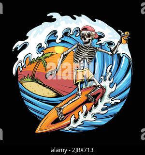 Skull summer surfing on the beach vector. Vector art Stock Vector