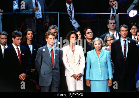 Members of the Kennedy family including Ethel Kennedy, Bobby Kennedy, Jr. and others stand for the acknowledgement of delegates attending the 1996 Democratic National Convention at the United Center,  August 29, 1996 in Chicago, Illinois.  Credit: Richard Ellis/Richard Ellis/Alamy Live News Stock Photo