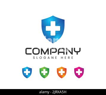Shield logo accompanied health symbol. Shield logo accompanied health symbol, Abstract symbol of security, Shield icon, Shield health logo, Medical lo Stock Vector