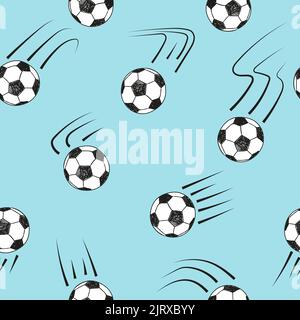 Seamless pattern with doodle soccer balls on blue. Vector football background Stock Vector
