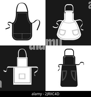 Aprons set. Vector collection of black and white aprons with pockets, shoulder straps and belts Stock Vector
