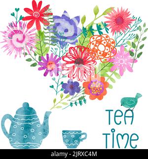 Watercolor tea time colorful vector illustration with teapot, cup and steam as flowers and leaves Stock Vector