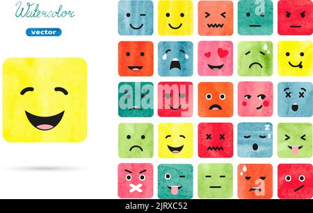 Watercolor emoticons set. Vector collection of emotions symbols. Colorful illustration Stock Vector