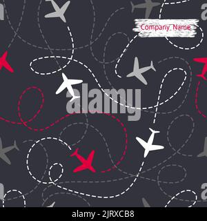 Seamless pattern with airplanes on dark. Travel around the world concept. Vector background Stock Vector