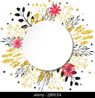 Floral circle background. Vector round illustration with flowers, leaves, branches. Can be used for birthday card, greetings, party invitation Stock Vector