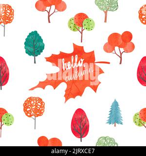 Watercolor autumn background. Colorful watercolor trees. Hello autumn lettering. Vector illustration Stock Vector