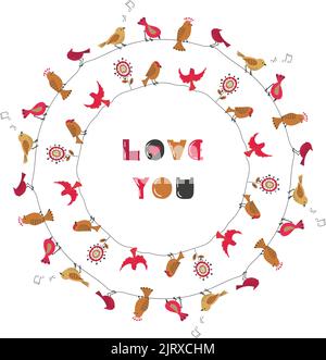 Love you birdies round frame. Vector romantic illustration with cute birds in red and golden colors. Can be uses for birthday card, wedding invitation Stock Vector