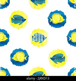 Watercolor fish seamless pattern. Vector circles background in blue and yellow colors. Marine design Stock Vector