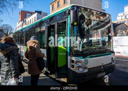 Montreuil, France, Women Passengers Boarding Public Bus, RATP Paris Suburbs, on Street Paris Suburb Stock Photo