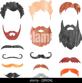 Watercolor mustache, beard and haircut set. Birthday party men photo booth props. Vector illustration Stock Vector