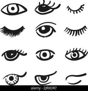 Set of doodle eyes and lashes. Vector black and white icons Stock Vector