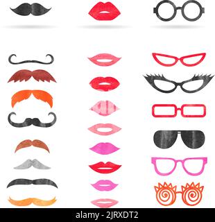 Watercolor mustache, lips and sunglasses set. Birthday party photo booth props. Vector illustration Stock Vector