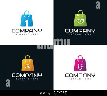 Set of creative online shopping logo design template. minimalist line combine symbol bag, start up, love, plant, smart lamp, find, group, chat, bulb, Stock Vector