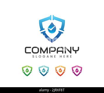 Water drop plumbing and shield logo design vector. Plumbing Services Logo Water Drop and Shield Pipe Symbol Stock Vector